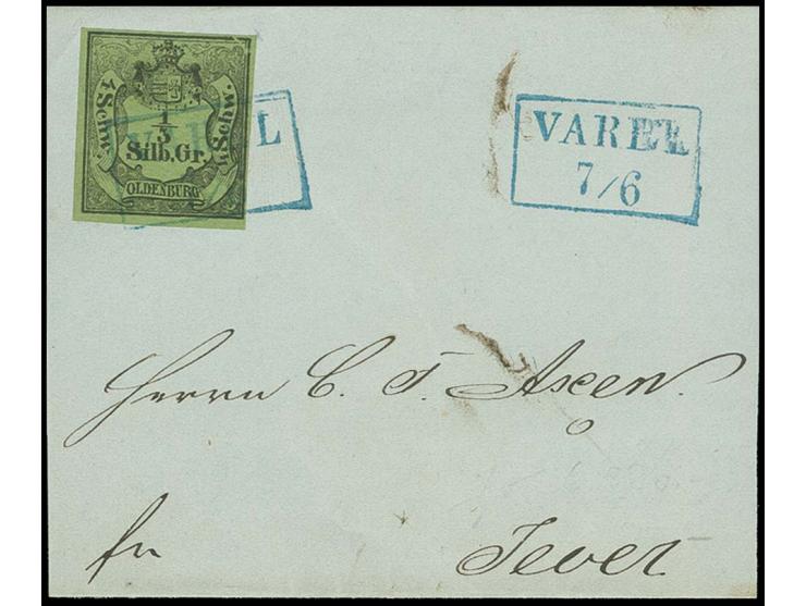  1852/59, 1/3 Sgr. auf grün mit markantem Druckausfall oben rechts, sehr schön farbfrisch und voll- bis meist breitrandig mit
