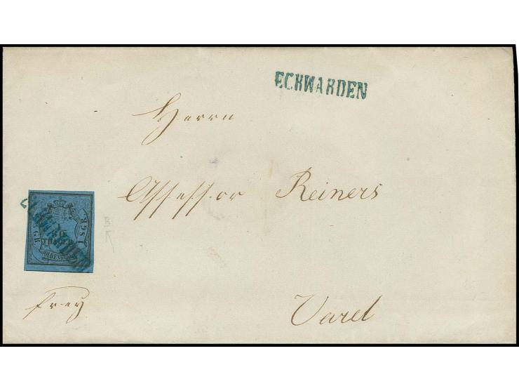 1852, 1/30 Th. auf blau, farbfrisch und allseits voll- bis breitrandig unten mit kleinem Teil der Nachbarmarke, mit Plattenfe