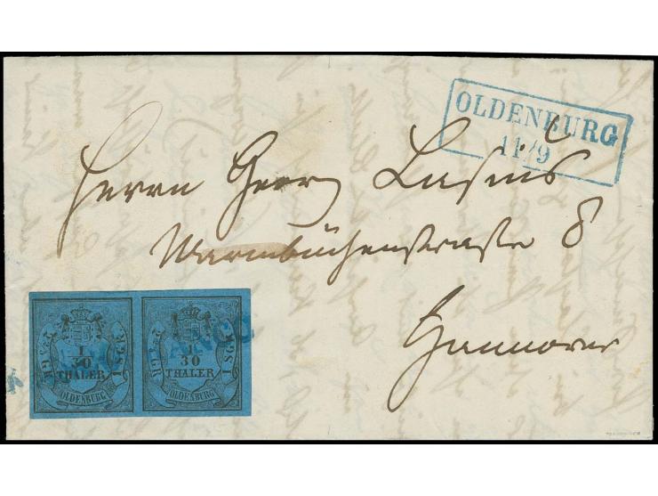 1/30 Th. auf blau im waagerechten Paar (Type I+III), farbfrisch und voll- bis meist breitrandig mit blauem L1 "FRANCO" und kl