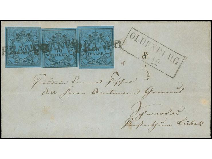 1852, 1/30 Th. in Type II, 2 voll- bis breitrandige Einzelstücke abwechselnd geklebt mit einseitig leicht berührter Type I mi