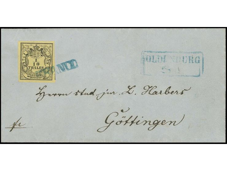 1/10 Th. auf gelb, breit- bis überrandig und farbfrisch mit blauem L1 "FRANCO" und nebengesetztem Ra2 von Oldenburg auf klein