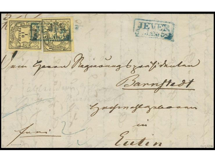 1/10 Th. auf gelb, 2 Einzelwerte, einer links berührt, sonst voll- bis breitrandig mit blauem Ra2 "JEWER 5 JAN: 59" auf Brief