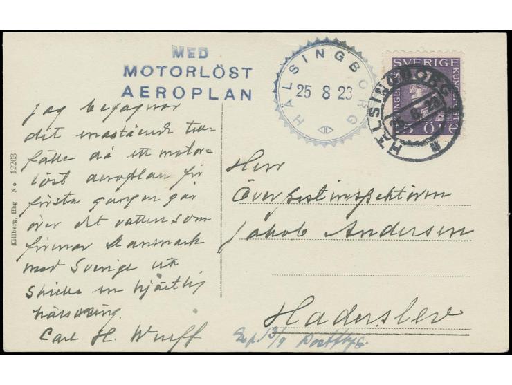 1923, First attempted mail-carrying Glider Flight Hälsingborg - Helsingor, franked picture postcard from "HALSINGBORG 25.8.23