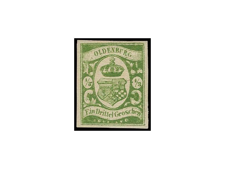 1861, 1/3 Gr. moosgrün, allseits breitrandig und mit wunderschöner frischer Farbe in der typischen Nuance, ungebraucht mit vo