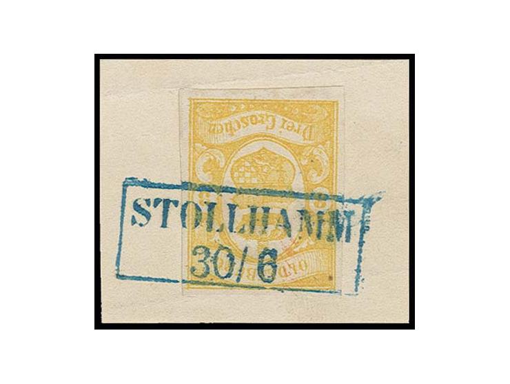 3 Gr. graugelb, farbfrisch und allseits sehr breitrandig, mit klarem Ra2 "STOLLHAMM 30/6" auf Briefstück, oben links ein klei