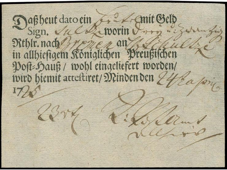  1725, Minden, Postschein im Ortsdruck für einen Wertbrief mit 23 Reichstalern nach Bremen