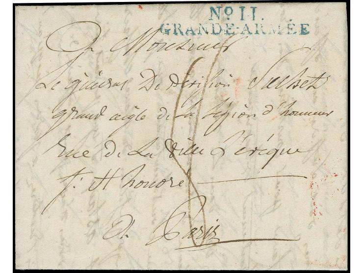 1808, "No.11 GRANDE-ARMÉE", blauer L2 klar auf kpl. Faltbrief von Breslau an General Suchet, Kommandant der 1. Div. in Paris 