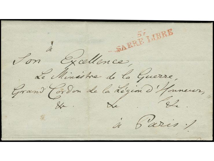 1808, "55 / SARRE LIBRE", L2 in rot auf kpl. Brief an den Kriegsminister in Paris mit dem Bittgesuch eines kriegsgefangenen C