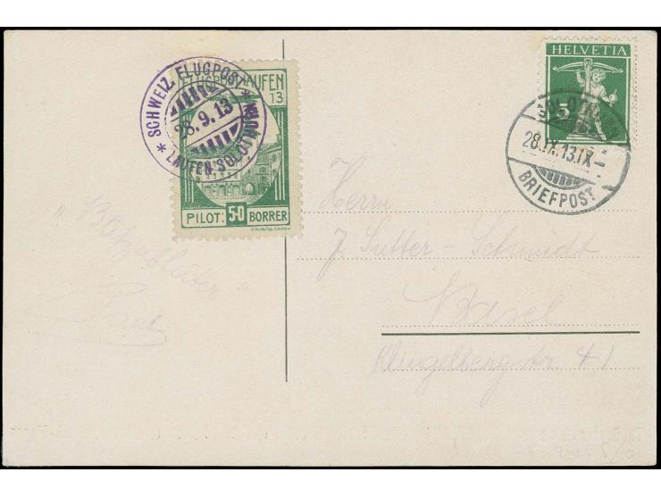 1913, Airmail Laufen-Solothurn 50 c. green with additional franking tied by special cancellation "SCHWEIZ. FLUGPOST LAUFEN SO