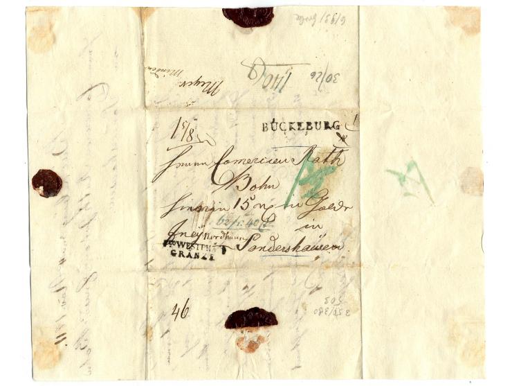  1811, "BÜCKEBURG", L1 sauber auf kpl. Faltbrief nach Sondershausen mit nebengesetztem L2 "Fco. WESTPHÄL. / GRÄNZE", handschr