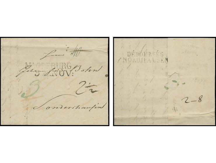  1811, "DEBOURSES / NORDHAUSEN", L2 sauber rückseitig auf kpl. Faltbrief mit L2 "MADGEBURG 3ten NOV:" nach Sonderhausen; ab N