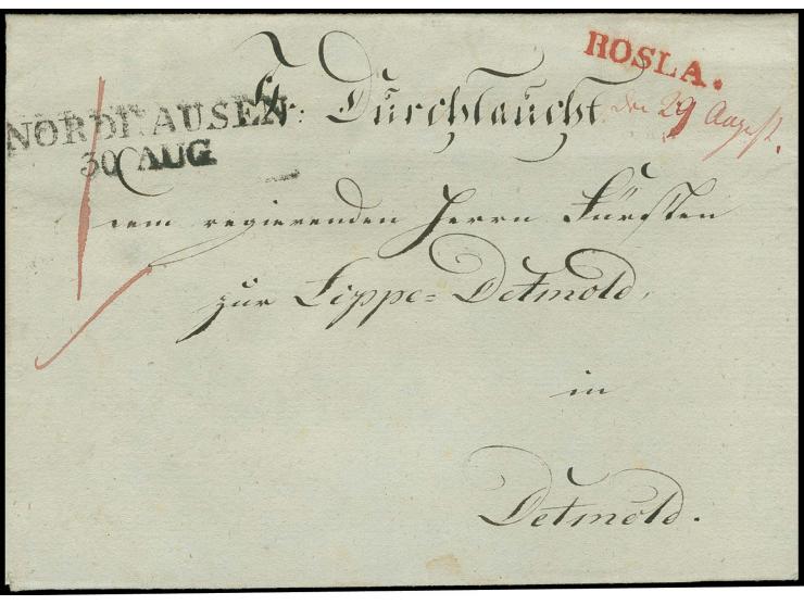  1815 (ca.), "ROSLA", L1 in rot mit handschriftlichem Datum "den 29 August" auf gesiegelter Briefhülle über "NORDHAUSEN 30 AU