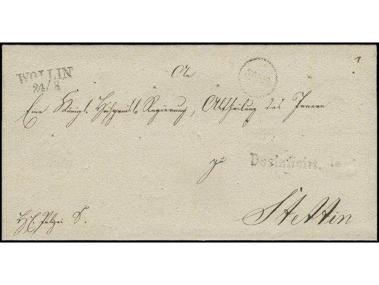 "Desinficirt" schwarzer L1 und "SANS." kleiner EKr. auf Faltbriefhülle von "WOLLIN 24 / 8" nach Stettin, gute Erhaltung