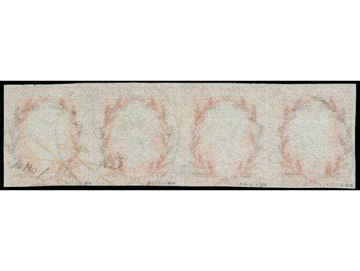 1850/56, 1. Ausgabe ½ Sgr. rotorange im waagerechten 4er-Streifen, noch voll- bis breitrandig mit 2mal aufgesetztem EKr. "SCH