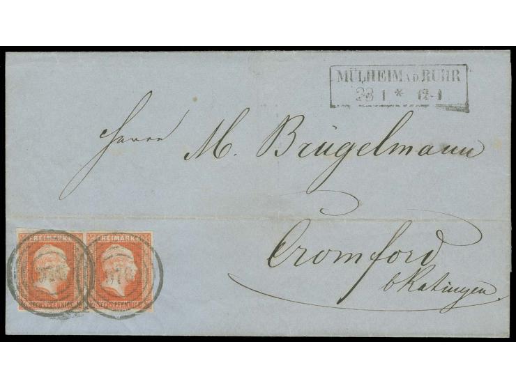 ½ Sgr. rotorange im waagerechten Paar, voll- bis breitrandig mit Nr. "976" und nebengesetztem Ra2 "MÜLHEIM A.D. RUHR 23 1" au