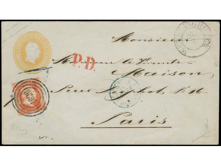 1850, ½ Sgr. rotorange, allseits breitrandig mit zentrischer Nr. "1626" als Zufrankatur auf Ganzsachenumschlag 3 Sgr. gelb mi