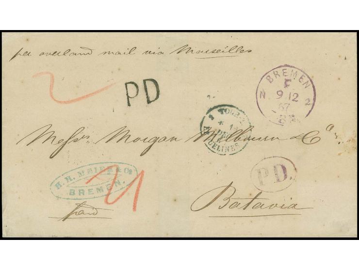 NIEDERLÄNDISCH INDIEN: "BREMEN F 9 12 67", violetter Franko-Stempel sauber auf Briefhülle über Frankreich und die Overland Ma