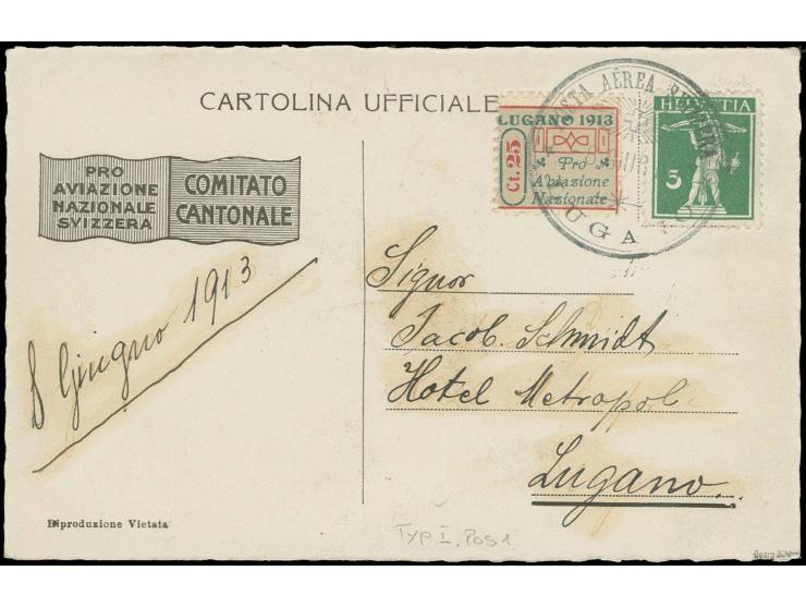 Lugano-Mendrisio 25 c., type I, with additional franking tied by special cancellation "POSTA AEREA SVIZZERA LUGANO" to specia