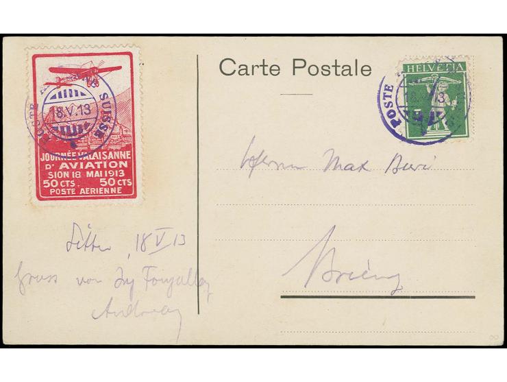 Sitten-Sienders  50 c. carmine on chalky paper with additional franking tied by special cancellation "POSTE AERIENNE SUISSE 1