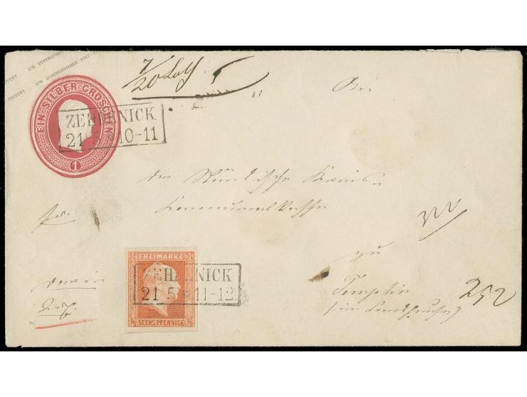 ½ Sgr. rotorange, allseits breitrandig als Zufrankatur auf rückseitig gesiegeltem Ganzsachenumschlag 1 Sgr. rosa mit Ra2 "ZEH