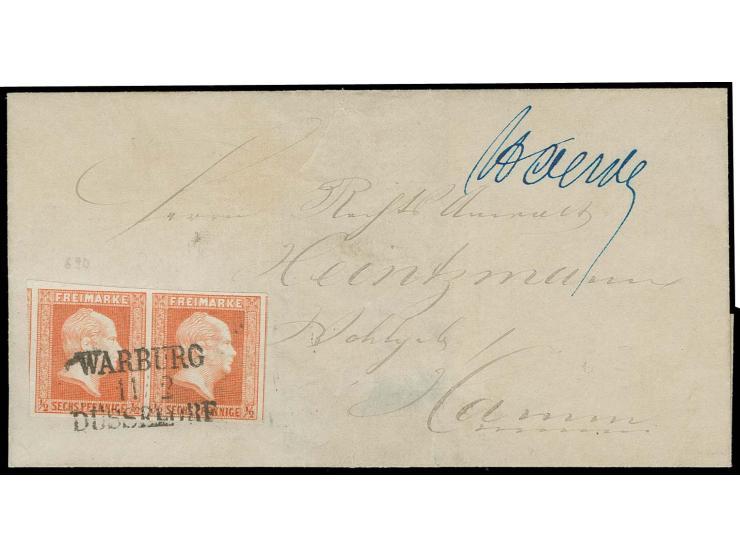 ½ Sgr. rötlichorange im waagerechten Paar, allseits breit- bis überrandig mit Bahnpost-L3 "WARBURG / 11/2 / DÜSSELDORF" auf k