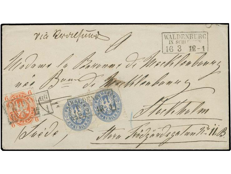 6 Pfg. orange und waagerechtes Paar 2 Sgr. ultramarin, alle farbfrisch und einwandfrei durchstochen mit Ra3 "WALDENBURG IN SC