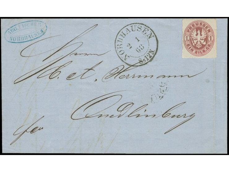  1 Sgr. karmin unentwertet auf kpl. Brief mit nebengesetztem DKr. "NORDHAUSEN 2 1 68", dem 2. Tag des Norddeutschen Bundes, n