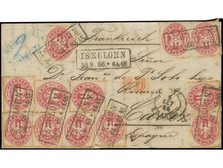 1 Sgr. karmin, 12 Einzelwerte mit Ra2 "ISERLOHN 30.8.66" auf kpl. Faltbrief mit rotem L1 "P.D." und Leitvermerk "Frankreich" 