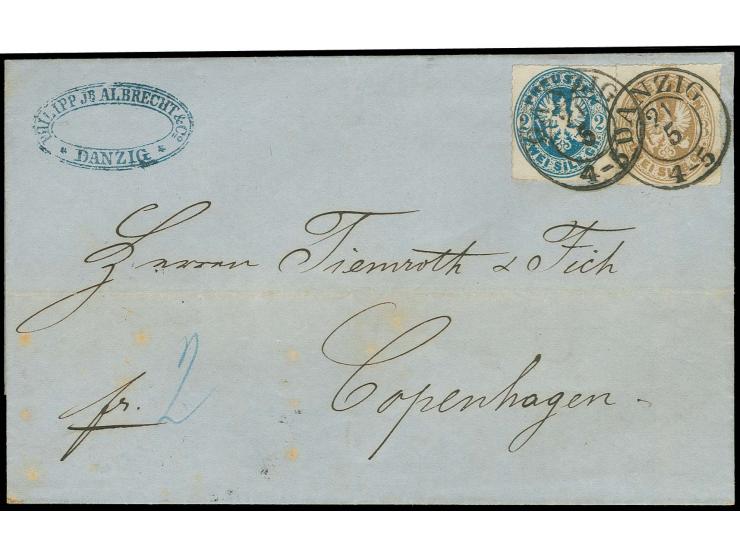 2 Sgr. preußischblau und 3 Sgr. ockerbraun, farbfrisch und gut durchstochen mit klarem DKr. "DANZIG 21 5" (1862) auf Briefhül