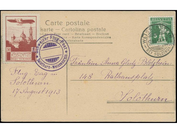 Solothurn-Weissenstein 50 c. dark carmine with additional franking tied by special cancellation "Schweizer Flug-Post Solothur