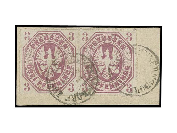 1865, 3 Pfg. dunkelpurpur, farbfrisch im waagerechten Paar mit kleinem Taxis EKr. "Münchenbernsdorf" auf Briefstück, Kabinett