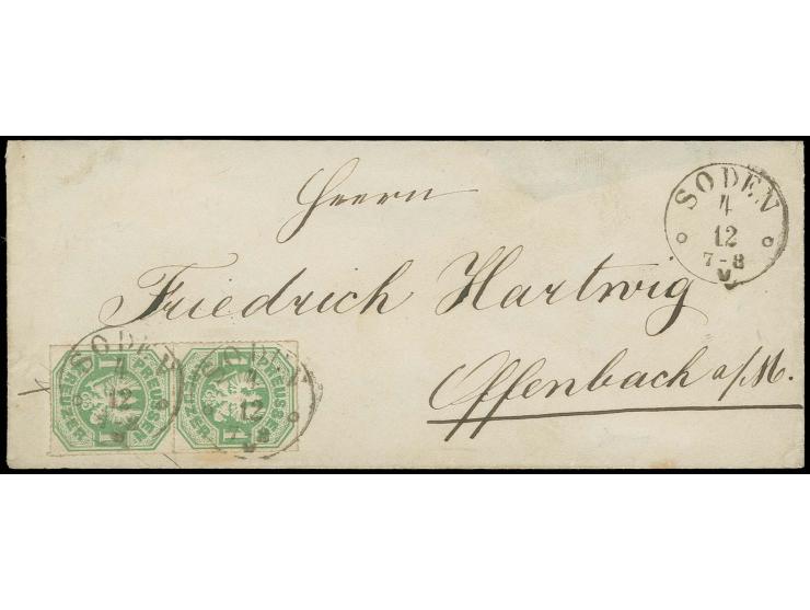 1867, 1 Kr. grün im senkrechten Paar, farbfrisch und gut durchstochen mit Taxis-EKr. "SODEN 4 12 " auf kleinem Briefkuvert na