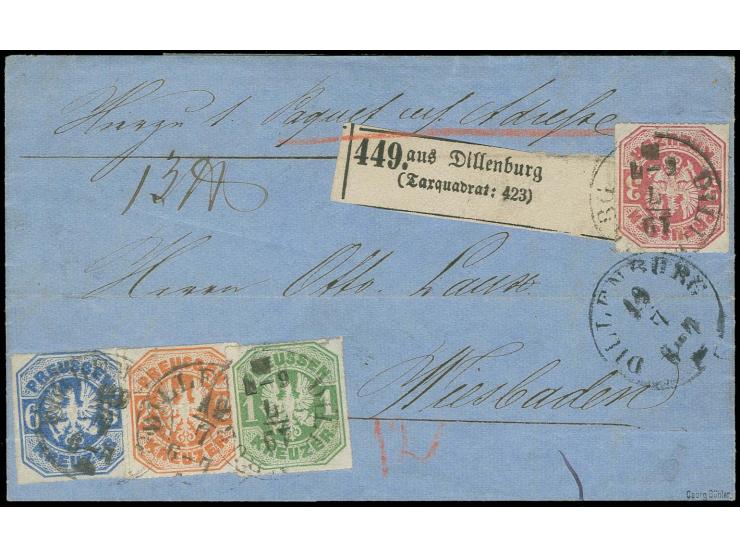 1 Kr. grün, 2 Kr. orange, 3 Kr. rosa und 6 Kr. ultramarin, alle farbfrisch und mit vollständigem Durchstich, mit EKr. "DILLEN
