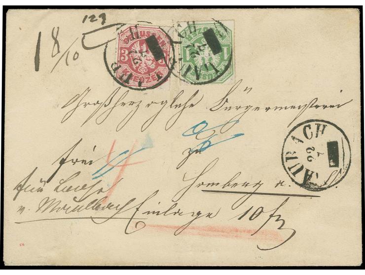 1 Kr. grün und 3 Kr. karmin, farbfrisch und gut durchstochen mit EKr. "LAUBACH 22 7" mit ausgebalkter Jahreszahl, zusätzlich 
