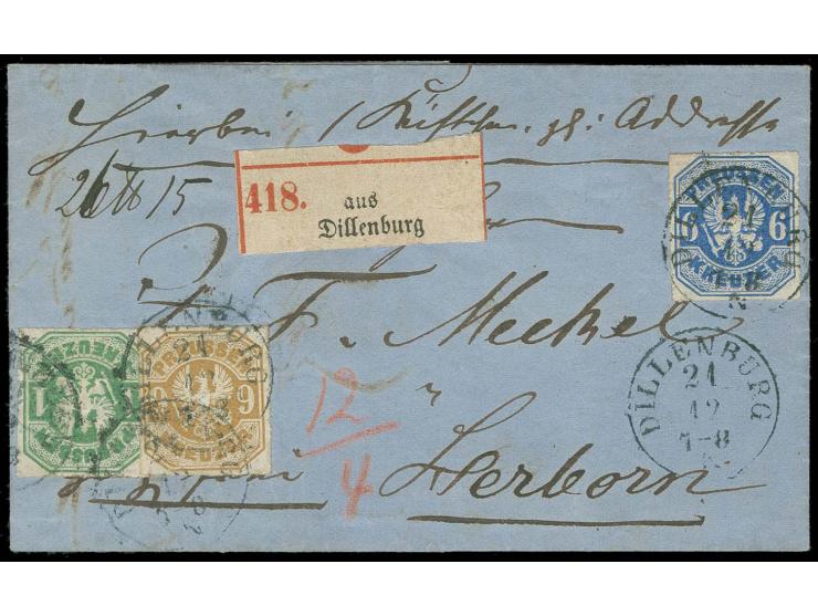1 Kr. grün, 6 Kr. ultramarin und 9 Kr. ocker, alle farbfrisch und gut durchstochen mit EKr. "DILLENBURG 21 12" (1867) auf Pak