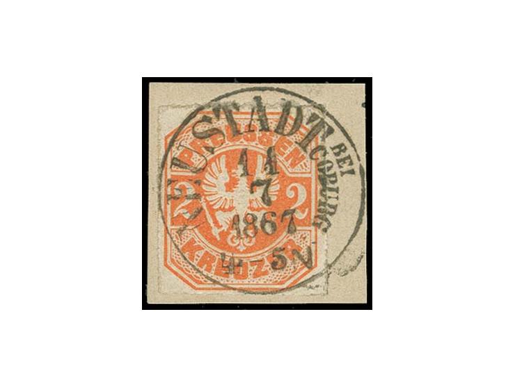 2 Kr. orange, farbfrisch und gut durchstochen mit zentrisch klarem Taxis-EKr. "NEUSTADT BEI COBURG 11 7 1867" auf Briefstück,