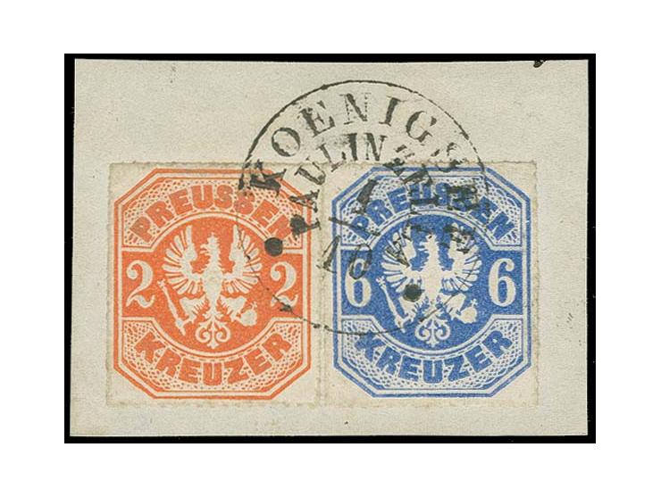 2 Kr. orange und 6 Kr. ultramarin, farbfrisch und gut durchstochen mit sauber aufgesetztem Postablage-EKr. "KOENIGSEE / PAULI