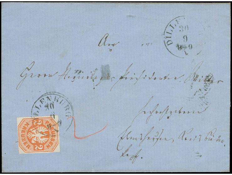 2 Kr. orange, farbfrisch und gut durchstochen mit EKr. "DILLENBURG 30 9" auf Briefhülle nach Eiershausen, in der Hülle kleine