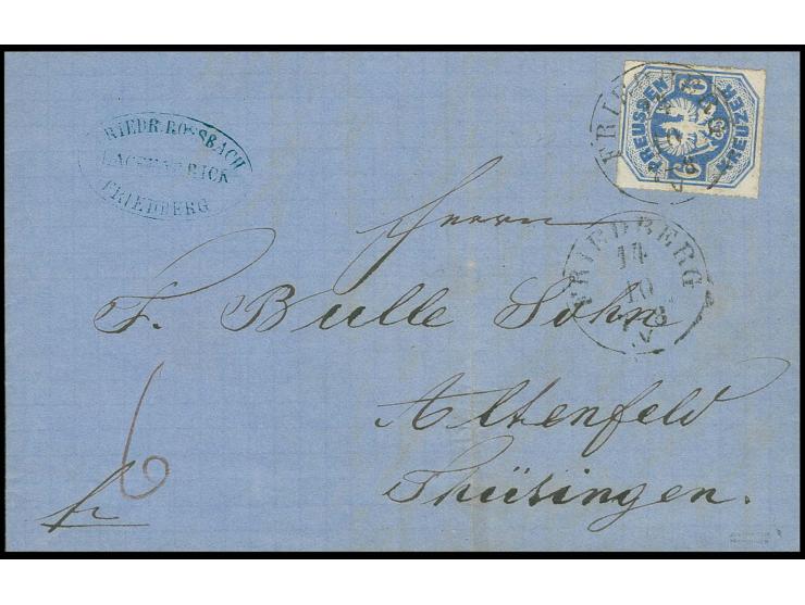 6 Kr. preußischblau, farbfrisch und einwandfrei durchstochen mit EKr. "FRIEDBERG 14 10" auf Briefhülle nach Thüringen, minima