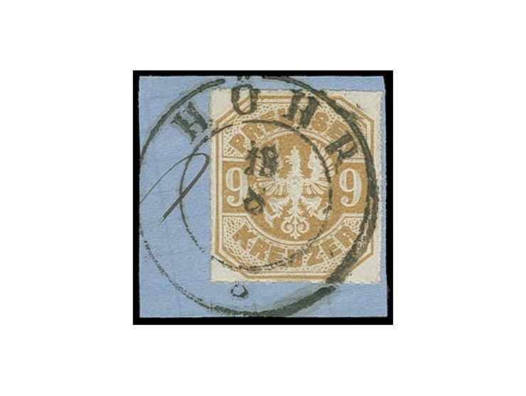 9 Kr. ocker, farbfrisch und tadellos durchstochen mit voll und sauber aufgesetztem großen DKr. "HÖHR 18 8" auf Briefstück, Lu