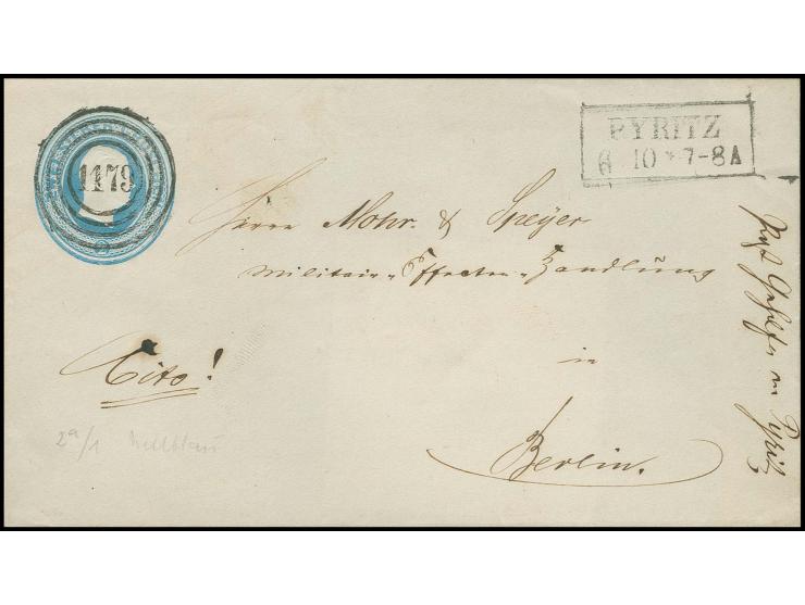 1851, Umschlag 2 Sgr. blau mit Entwertung durch klar und gerade aufgesetzter Nr. "1179" mit sauber nebengesetztem Ra2 "PYRITZ