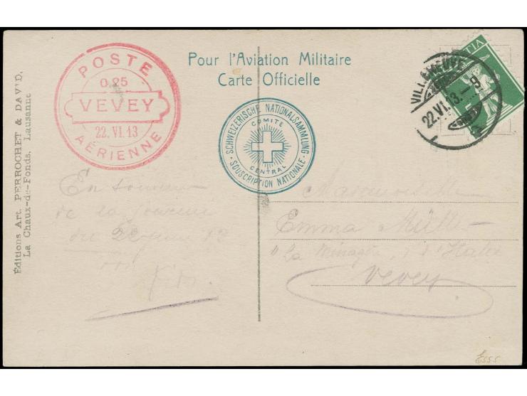 1913, Aviation Day Vevey, Flight Vevey - Villenueve,  special picture postcard "Pour la Patrie" with special red cachet an "P