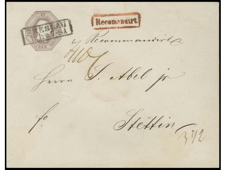 Umschlag 5 Sgr. lila im Großformat mit Ra2 "BRESLAU 12 12" als Reco-Brief nach Stettin, sehr schöne Erhaltung, sign. Kruschel