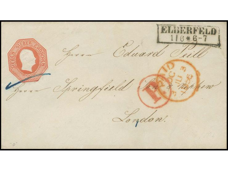 Umschlag 7 Sgr. ziegelrot im Kleinformat mit sauber nebengesetztem Ra2 "ELBERFELD 1/6" (1856) nach London, Kabinett
