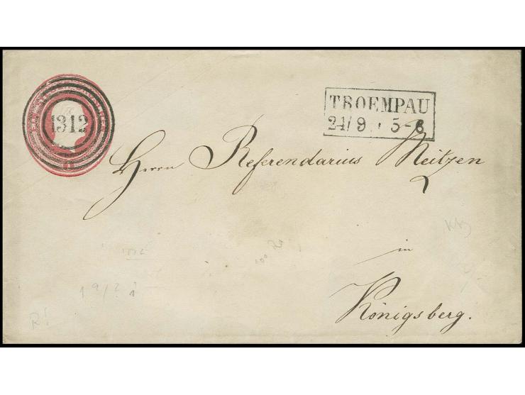 "1312", TREMPAU, klar und gerade auf Ganzsachenumschlag 1 Sgr. rosa mit sauber nebengesetztem Ra2 nach Königsberg, rückseitig