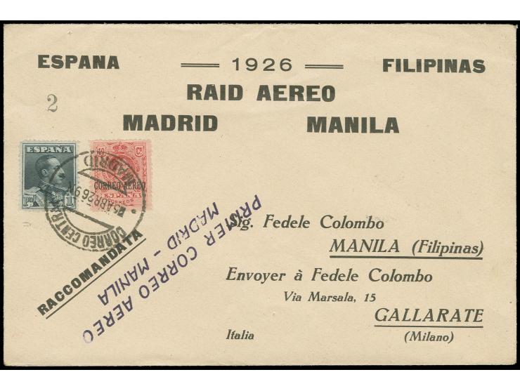 1926, First Flight Madrid-Manila, pre-printed cover with special 2-line cachet "PRIMER CORREO AEREO MADRID-MANILA", reverse w