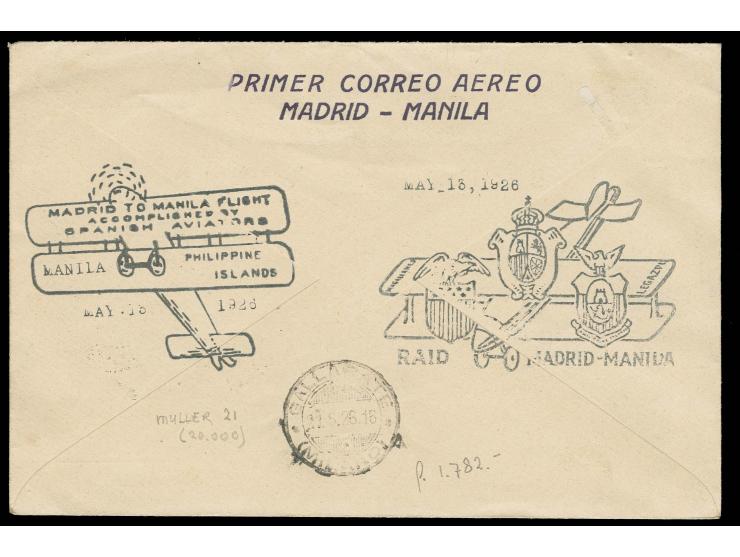 1926, First Flight Madrid-Manila, pre-printed cover with special 2-line cachet "PRIMER CORREO AEREO MADRID-MANILA", reverse w