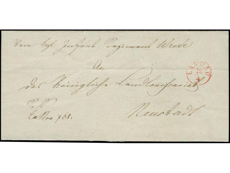 1835, Millitär-Dienstbrief des Infanterie Regiments Fürst Wrede mit rotem EKr. "LANDAU 12/4" nach Neustadt, dekorativer Brief