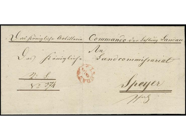  1844, Militär-Dienstbrief des 'Königlichen Artillerie Commandos der Festung Landau" mit rotem EKr. nach Speyer