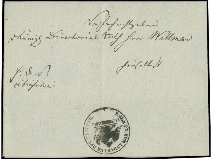 1815, Militärdienstbrief vom 7. Juli vom interimistischen Kommandanten der Festung, Major von Lebbin, an den königlichen Dir